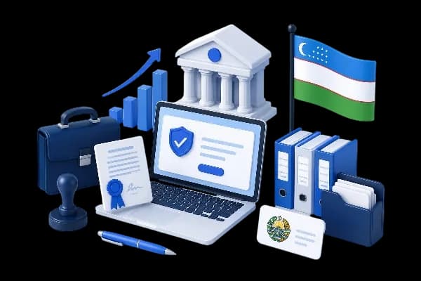 Ноутбук, документы и государственная символика Узбекистана